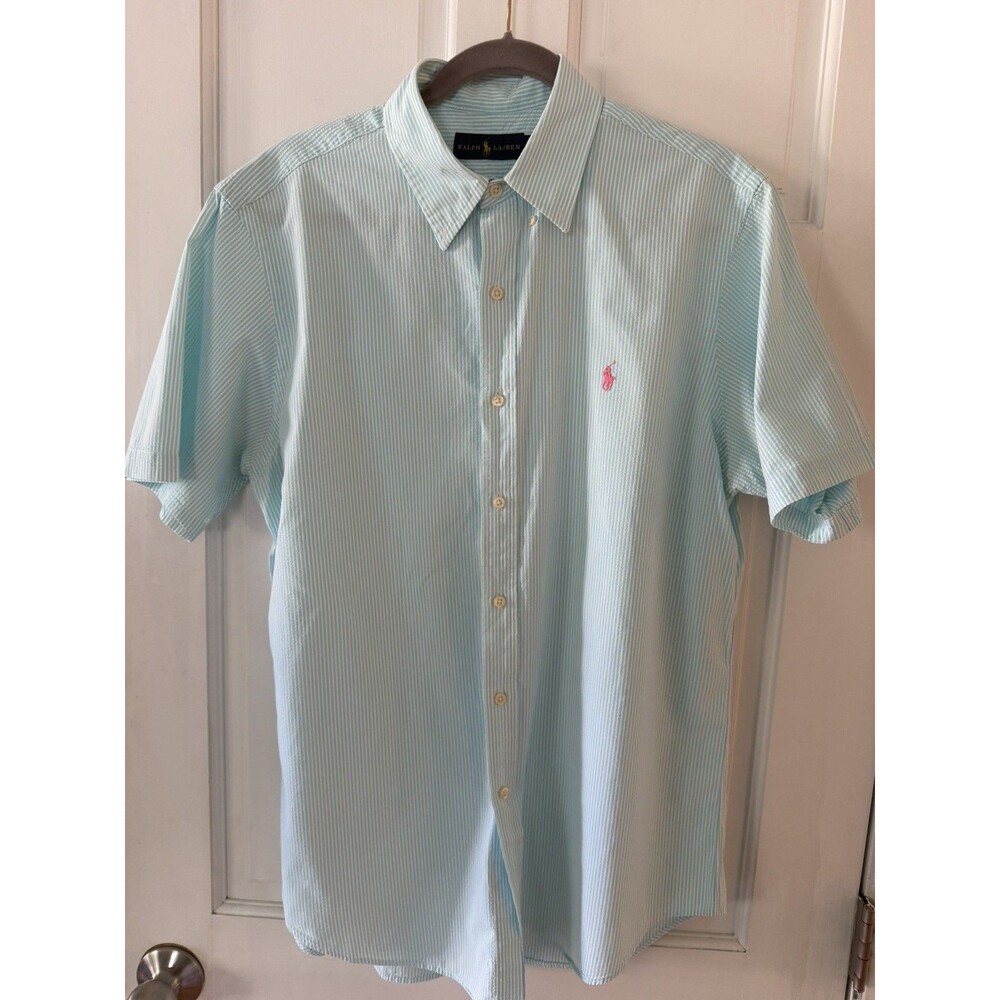 Ralph Lauren Men L Seersucker Short Sleeve Button Down Shirt Blue Stripe